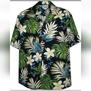 Pacific Legend Hawaiian Shirt Men Lg Black Floral Button Magnum PI Vintage USA